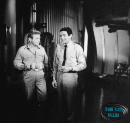 Richard Basehart and David Hedison share a laugh behind the scenes in Voyage to the Bottom of the Sea